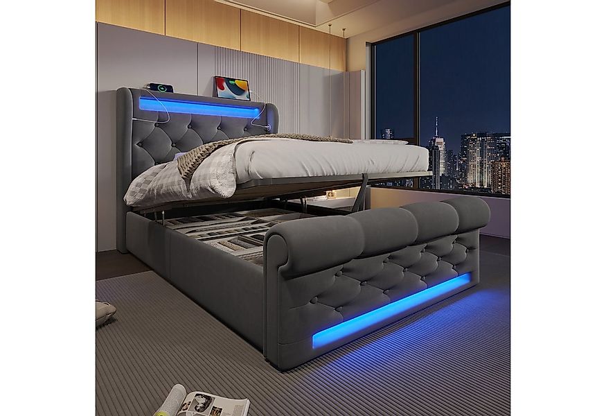 Flieks Polsterbett, Hydraulisches Stauraumbett 90x200cm mit LED Beleuchtung günstig online kaufen