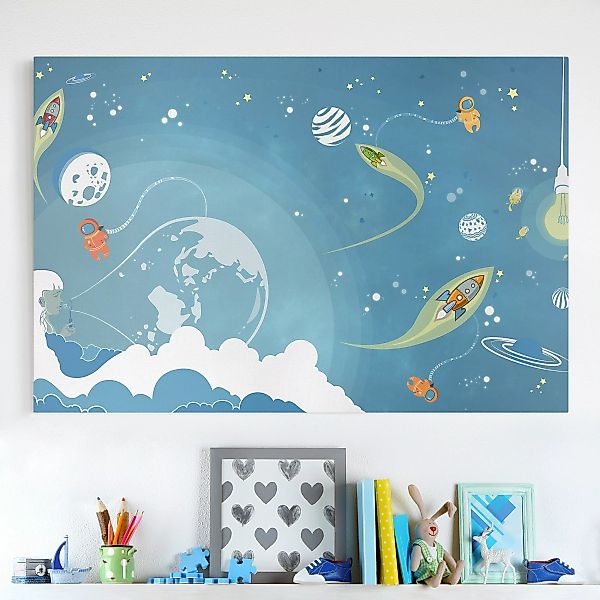 Leinwandbild Kinderzimmer - Querformat Buntes Weltraumtreiben günstig online kaufen