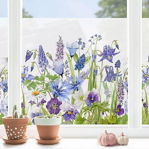 Fensterfolie Aquarellierte Blumenwiese in Blau günstig online kaufen