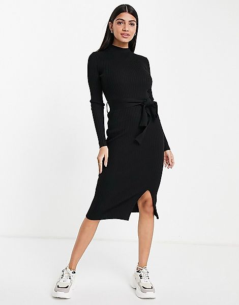 New Look – Strickkleid mit geschnürter Taille in Schwarz günstig online kaufen
