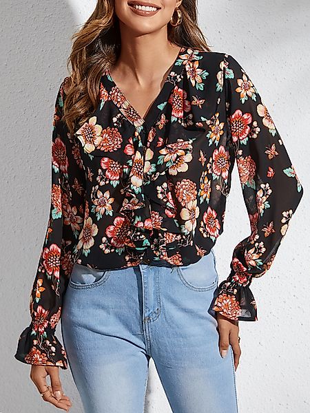 YOINS Black Random Blumendruck-Bluse mit V-Ausschnitt und Blumenmuster günstig online kaufen