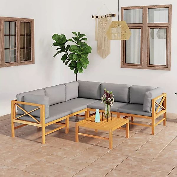 6-tlg. Garten-lounge-set Mit Grauen Kissen Massivholz Teak günstig online kaufen