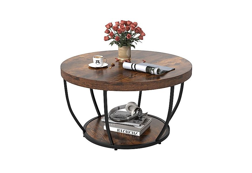COSTWAY Couchtisch, Couchtisch rund, Sofatisch Holz mit 2 Ebenen & Metallra günstig online kaufen