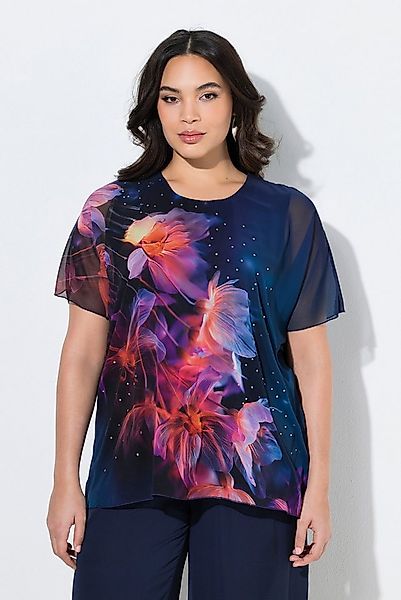 Ulla Popken Tunika Bluse Blüten doppellagig A-Linie Rundhals Halbarm günstig online kaufen