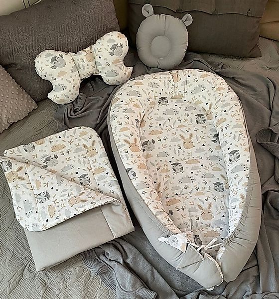 Loolay Bettnestchen Babynest SET HASE Beige-Weiß/ Baumwolle Grau Hangenähnt günstig online kaufen