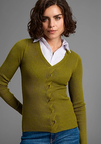 Laura Scott V-Ausschnitt-Pullover, Feinstrickpullover mit spannendem Zopfmu günstig online kaufen