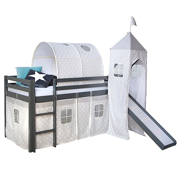 Homestyle4u Hochbett 90x200 mit Vorhang Rutsche Tunnel Turm in Grau Sterne günstig online kaufen