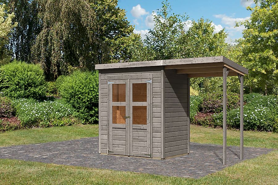 Karibu Gartenhaus ""Merseburg 2" vorvergraut mit Anbaudach" aus Fichtenholz günstig online kaufen