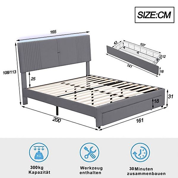 XDeer Polsterbett Polsterbett,Doppelbett mit Lichtleiste und USB-Buchse,in günstig online kaufen