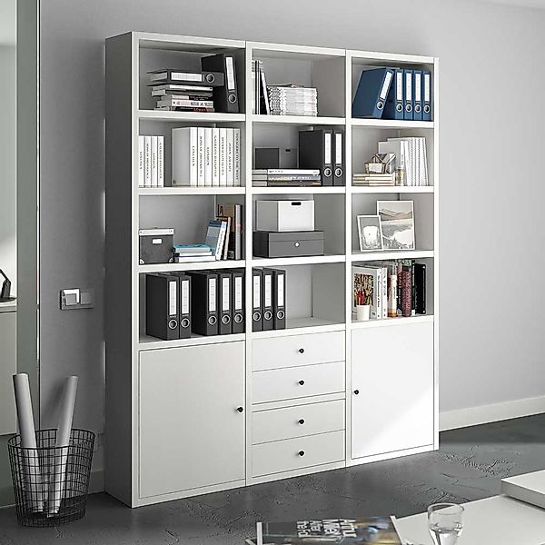 Arbeitszimmer Regal weiss mit vier Schubladen 222 cm hoch günstig online kaufen