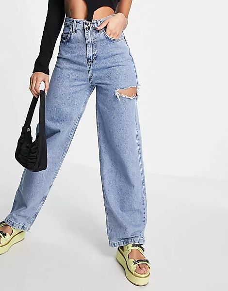 Topshop – Baggy-Jeans mit seitlichen Zierrissen in Mittelblau günstig online kaufen