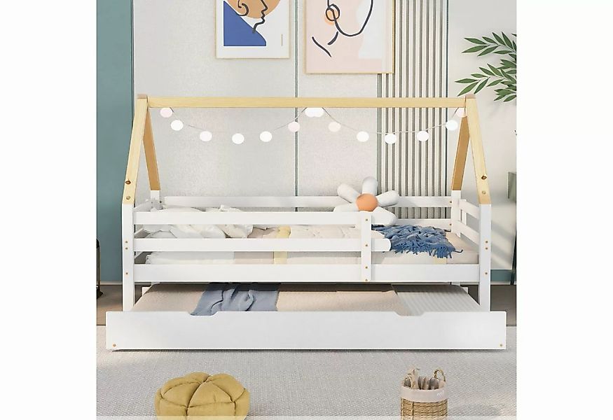 Merax Hausbett aus Massivholz mit Bettkasten, Einzelbett 90x200cm, ausziehb günstig online kaufen