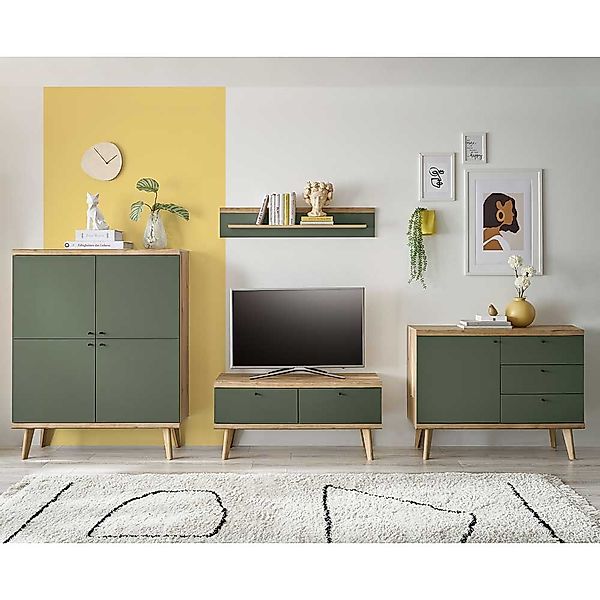 TV Wohnwand Skandi grün 134 cm hoch Metallgriffen (vierteilig) günstig online kaufen