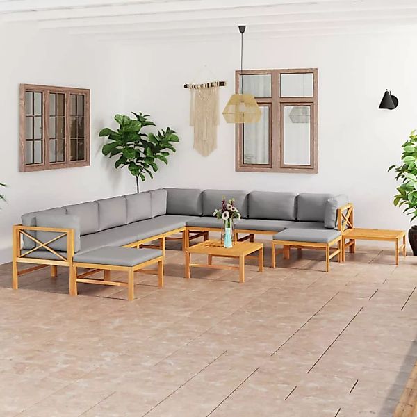 12-tlg. Garten-lounge-set Mit Grauen Kissen Massivholz Teak günstig online kaufen
