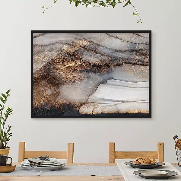 Bild mit Rahmen Abstrakt - Querformat Goldener Marmor gemalt günstig online kaufen