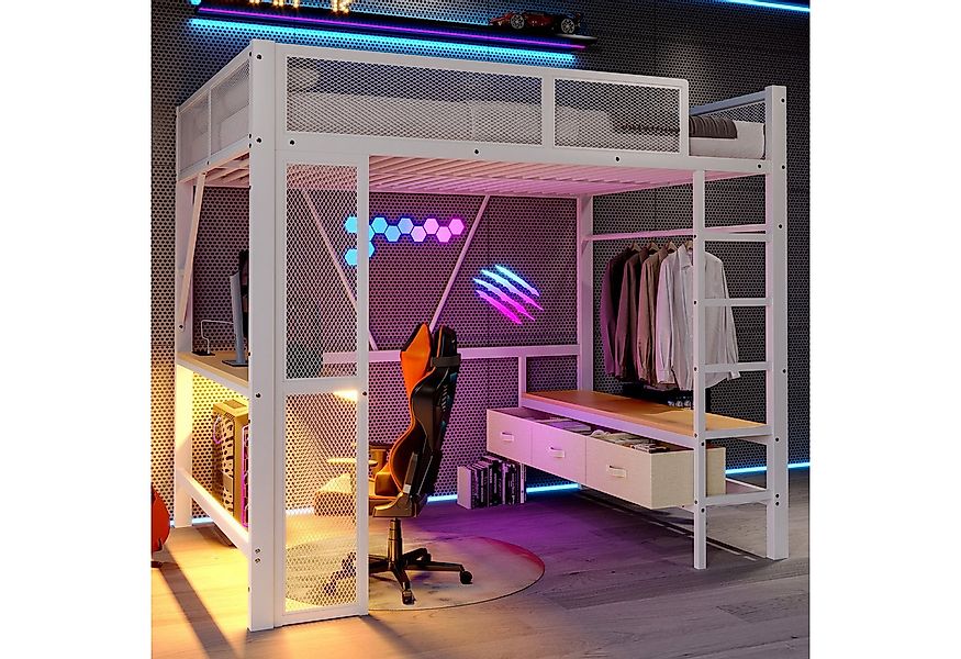Flieks Hochbett Metallbett 140x200cm mit Schreibtisch, Led, Schubladen, Kle günstig online kaufen