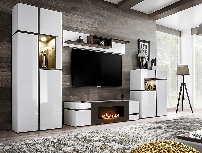 ASM-Moebel Wohnwand Wohnwand CROSS CS-K Hochglanz / Lamellen Ethanol Kamin günstig online kaufen