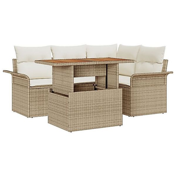 vidaXL Loungesofa 5-teilige Garten-Essgruppe mit Kissen Beige Poly Rattan, günstig online kaufen