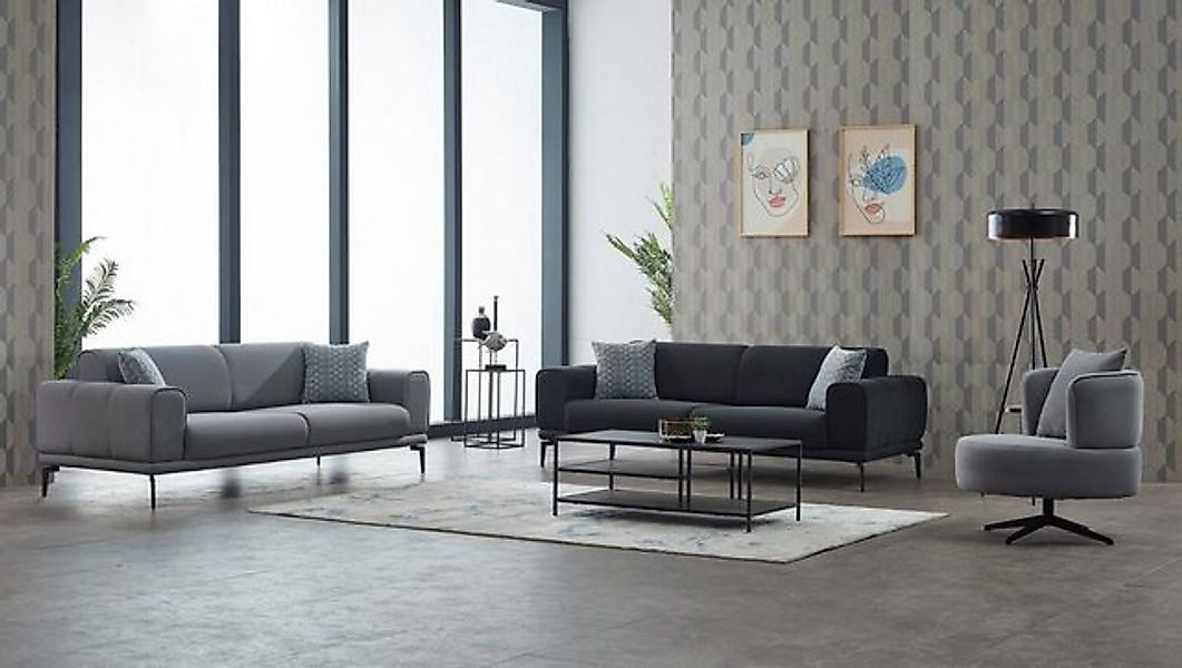 JVmoebel Sofa Komplette Couchgarnitur Polstersofa Dreisitzer Sessel Grau St günstig online kaufen