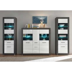 Wohnzimmerwand in Beton Grau und Weiß Türen mit Glaseinsatz (dreiteilig) günstig online kaufen