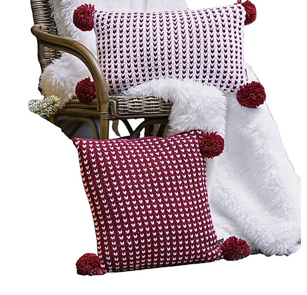 Home-trends24.de Kissenhüllen Kissenhülle Bommel 2er Set Rot Weiß Strickmus günstig online kaufen