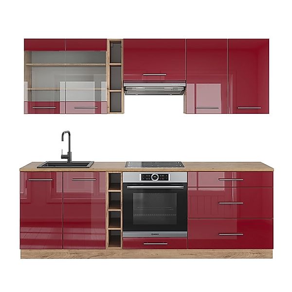 Vicco Fame-Line Küchenzeile Bordeaux Hochglanz/Goldkraft Eiche 235 cm AP Ei günstig online kaufen