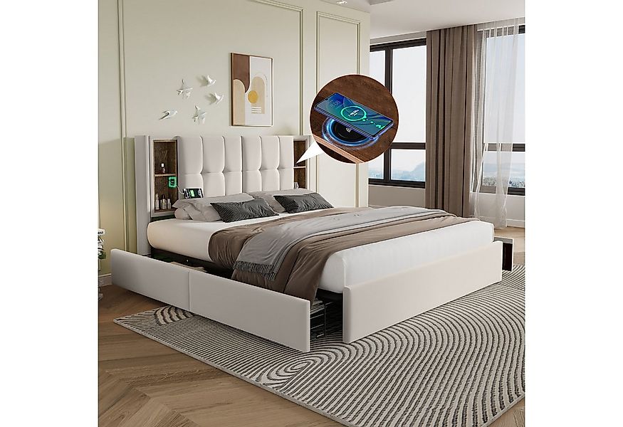 KLAM HOME Polsterbett Doppelbett 160x200cm mit Kabellosem Laden USB C& 4 Sc günstig online kaufen