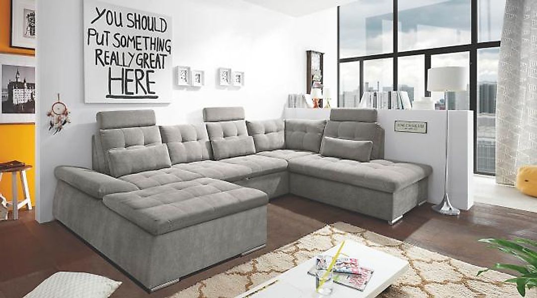 Wohnlandschaft U Form mit Schlaffunktion und Bettkasten 324 x 219 cm Grau N günstig online kaufen