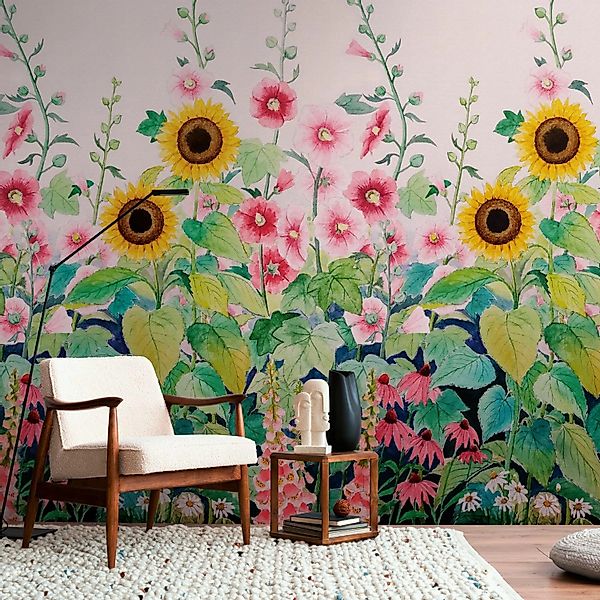 PROFHOME 398831-GU Fototapete Blumen Matt Rosa Grün Gelb Blau 1,59 m x 2,8 günstig online kaufen