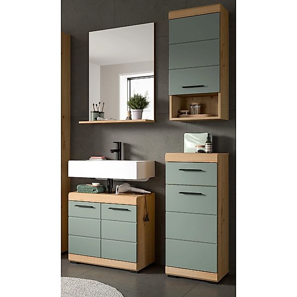 Inn.Furn Badmöbel Set 4-teilig in Grün und Eiche 112 cm mit Spiegel Shawn günstig online kaufen