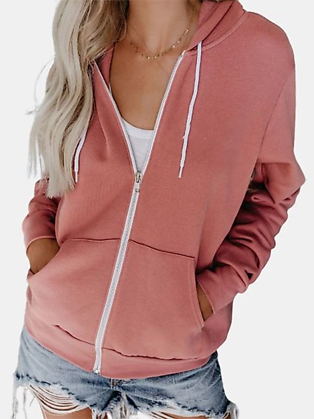 Einfarbige Langarm-Kordelzug-Kapuzenjacke für Damen günstig online kaufen