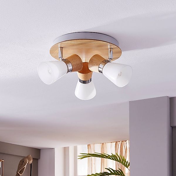 Lindby Deckenlampe Vivica, Ø 26 cm, chrom/Holz, 3-flammig günstig online kaufen