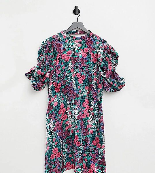 Simply Be – A-Linien-Kleid aus Satin mit Puffärmeln und Blümchenmuster-Mehr günstig online kaufen