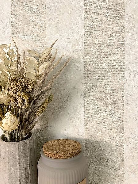 Newroom Vliestapete, Beige Tapete Modern Streifen - Metallic Glänzend Creme günstig online kaufen