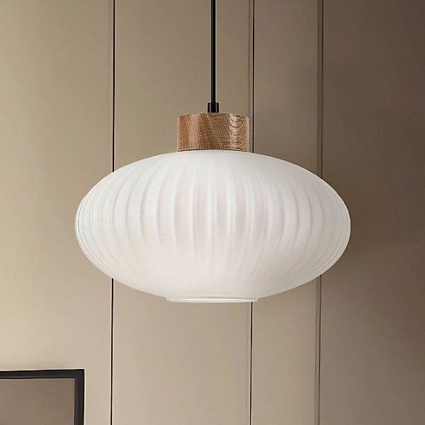 Hängeleuchte Harmony, Ø 25 cm, weiß/eiche, Glas/Holz günstig online kaufen