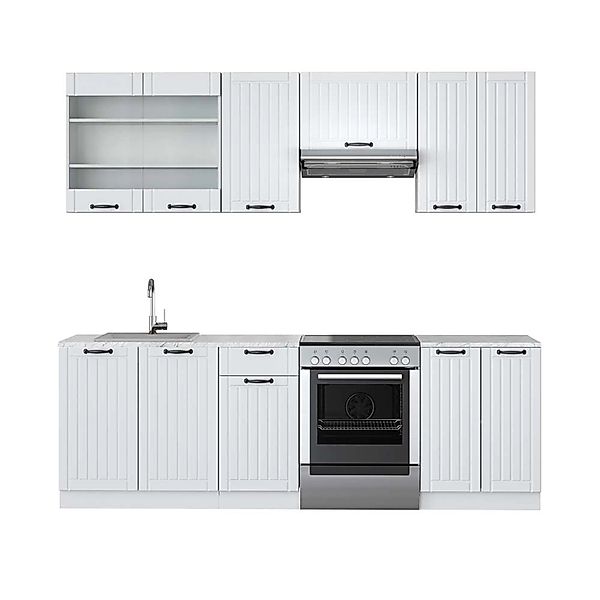 Vicco Fame-Line Küchenzeile Weiß Landhaus/Weiß 240 cm AP Marmor günstig online kaufen