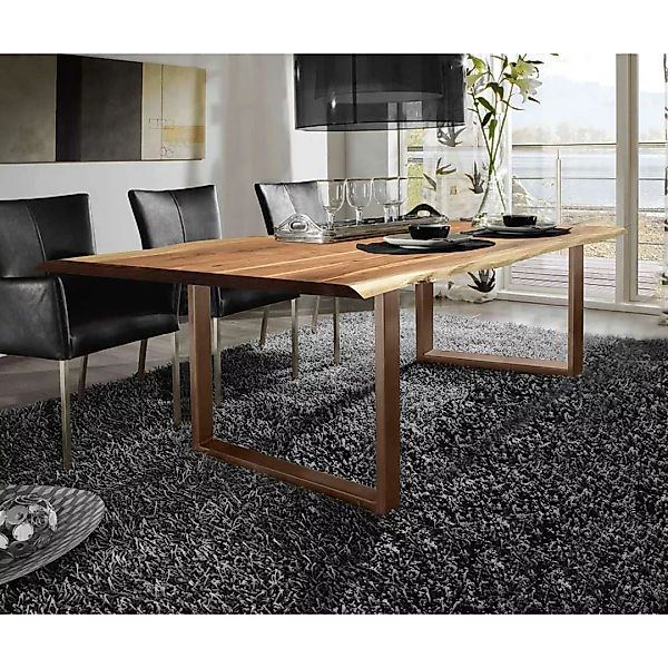 Unikater Tisch aus Akazie Massivholz & Metall Baumkante günstig online kaufen