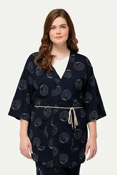 Ulla Popken Rundhalsshirt Kimono Stickerei V-Ausschnitt 3/4-Arm Biobaumwoll günstig online kaufen