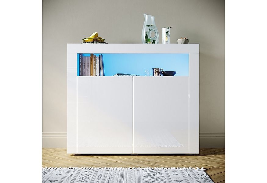 SONNI Sideboard Kommode Sideboard Breite 116cm Weiß Hochglanz mit LED-Leuch günstig online kaufen
