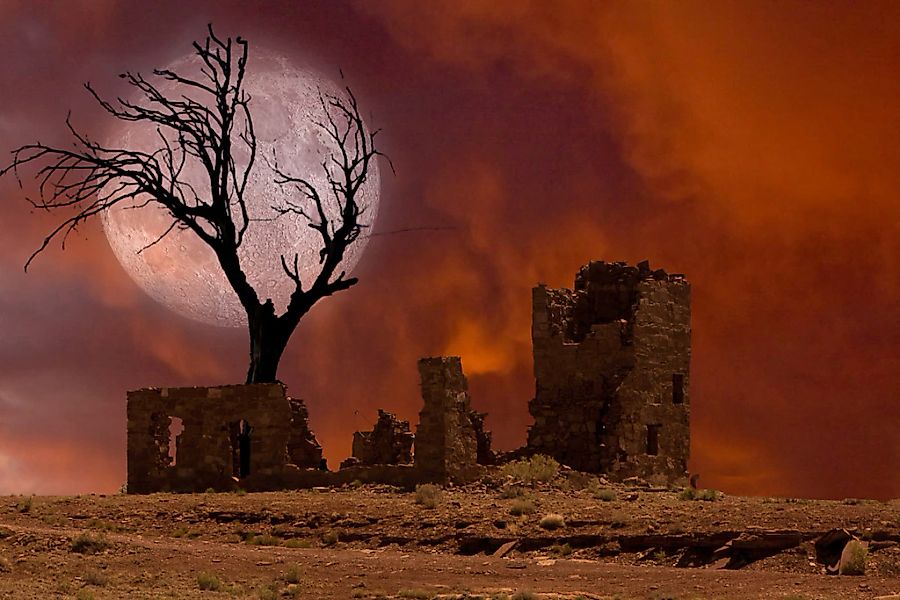 Papermoon Fototapete "Ruine in Landschaft mit Mond" günstig online kaufen