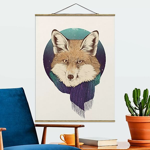 Stoffbild Tiere mit Posterleisten - Hochformat Illustration Fuchs Mond Lila günstig online kaufen