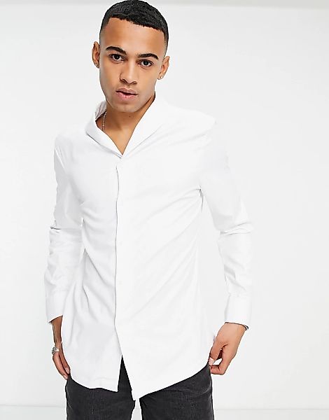 ASOS DESIGN – Schmales Hemd aus Satin mit Schalkragen in Weiß günstig online kaufen