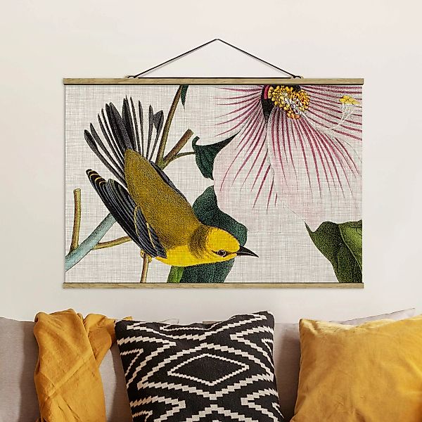 Stoffbild Blumen mit Posterleisten - Querformat Vogel auf Leinen Gelb I günstig online kaufen