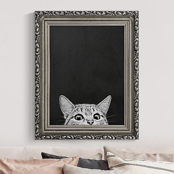 Gerahmtes Leinwandbild Illustration Katze Schwarz Weiß Zeichnung günstig online kaufen