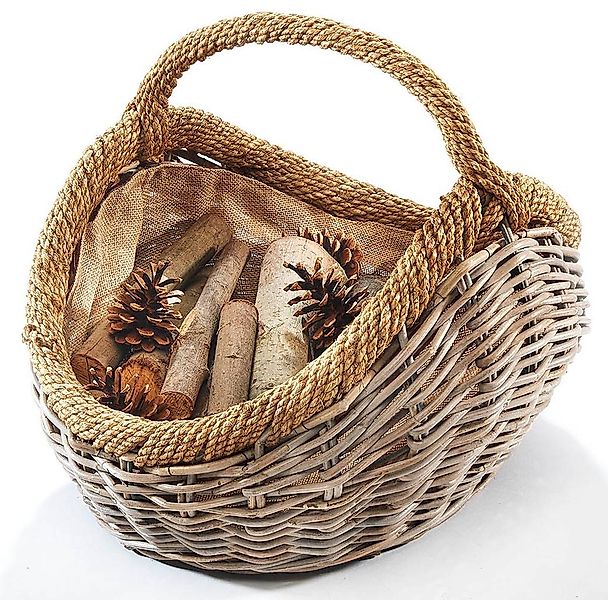 Kobolo Kaminholzkorb Holztrage aus Rattan in kubu grey mit Jutestoff günstig online kaufen