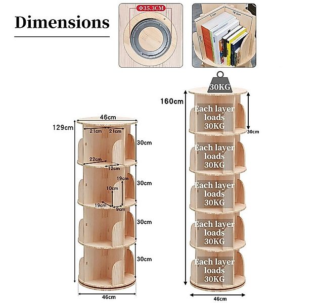 NUODWELL Bücherregal 4/5 Etagen Massivholz Drehbares Bücherregal Standregal günstig online kaufen