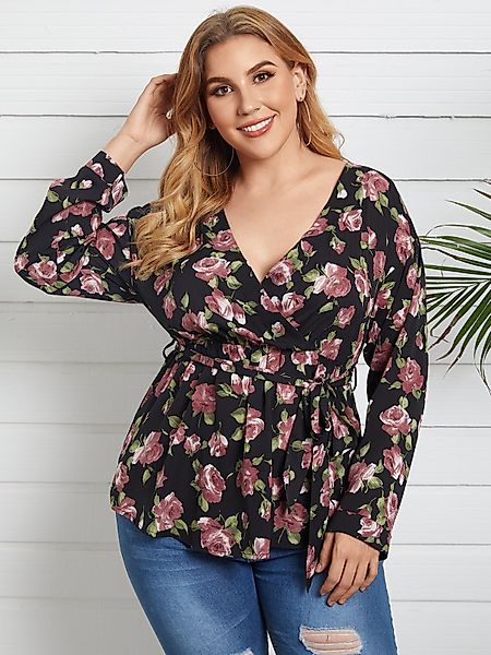 YOINS Plus Größe V-Ausschnitt Blumendruck Wickeldesign Langarm Bluse günstig online kaufen