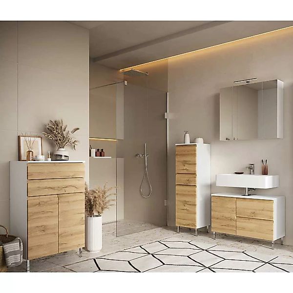 Badezimmermöbelset 4-teilig in Wildeichefarben Weiß (vierteilig) günstig online kaufen