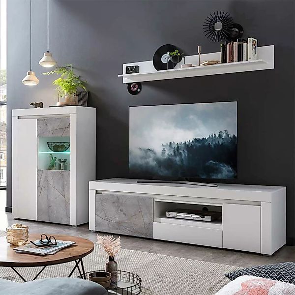 TV Wohnwand mit Wandboard Weiß & Steinoptik Grau (dreiteilig) günstig online kaufen
