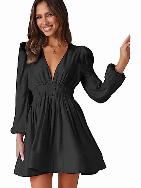 KIKI Blusenkleid Damen Kleid Langarm Deep V-Ausschnitt Kleid Sexy A Linie S günstig online kaufen